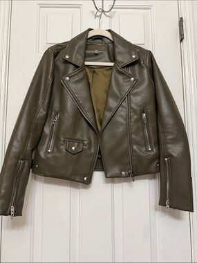 Blank NYC Olive Green Faux Leather Moto Jacket with Silver Hardware